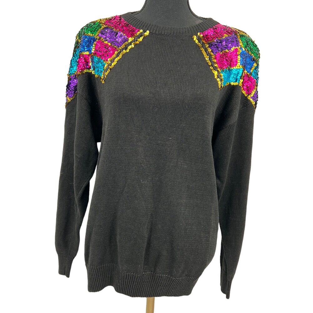 Barbara Scott Women's Sweater Black Knit Crewneck Sequin Shoulders Holiday Lg